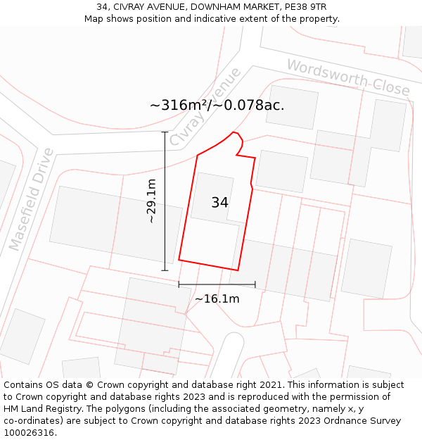 34, CIVRAY AVENUE, DOWNHAM MARKET, PE38 9TR: Plot and title map