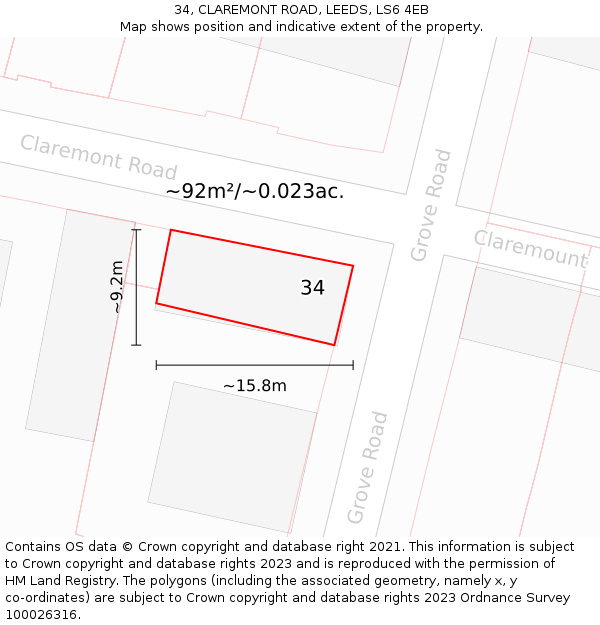 34, CLAREMONT ROAD, LEEDS, LS6 4EB: Plot and title map