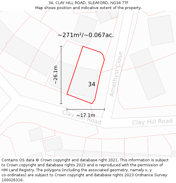 34, CLAY HILL ROAD, SLEAFORD, NG34 7TF: Plot and title map