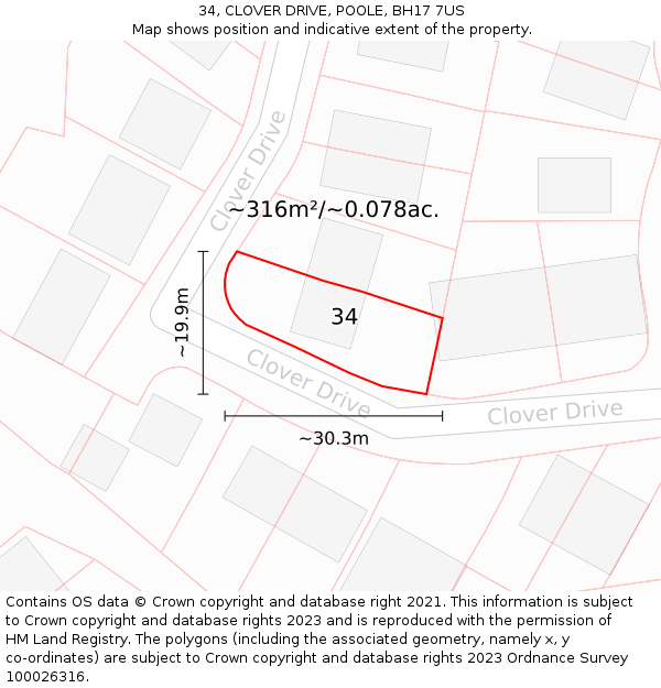 34, CLOVER DRIVE, POOLE, BH17 7US: Plot and title map