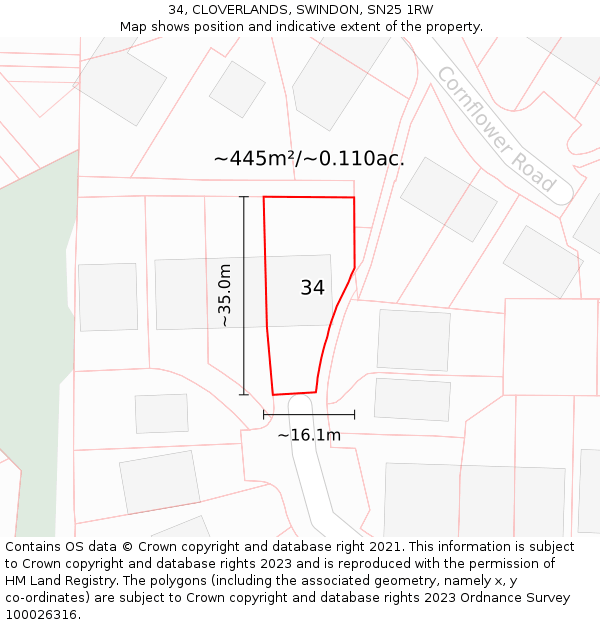 34, CLOVERLANDS, SWINDON, SN25 1RW: Plot and title map