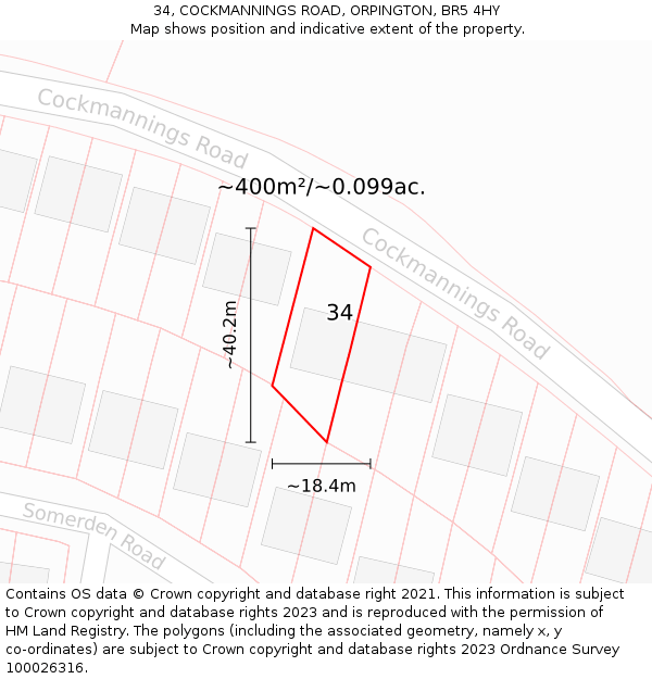 34, COCKMANNINGS ROAD, ORPINGTON, BR5 4HY: Plot and title map