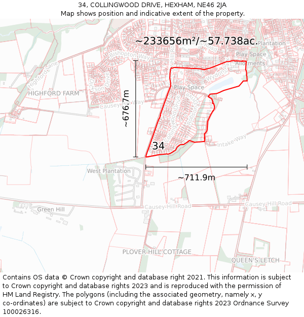 34, COLLINGWOOD DRIVE, HEXHAM, NE46 2JA: Plot and title map