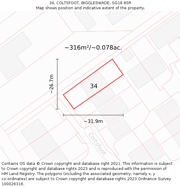 34, COLTSFOOT, BIGGLESWADE, SG18 8SR: Plot and title map