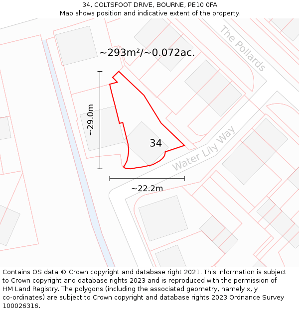 34, COLTSFOOT DRIVE, BOURNE, PE10 0FA: Plot and title map