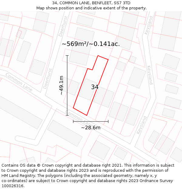 34, COMMON LANE, BENFLEET, SS7 3TD: Plot and title map