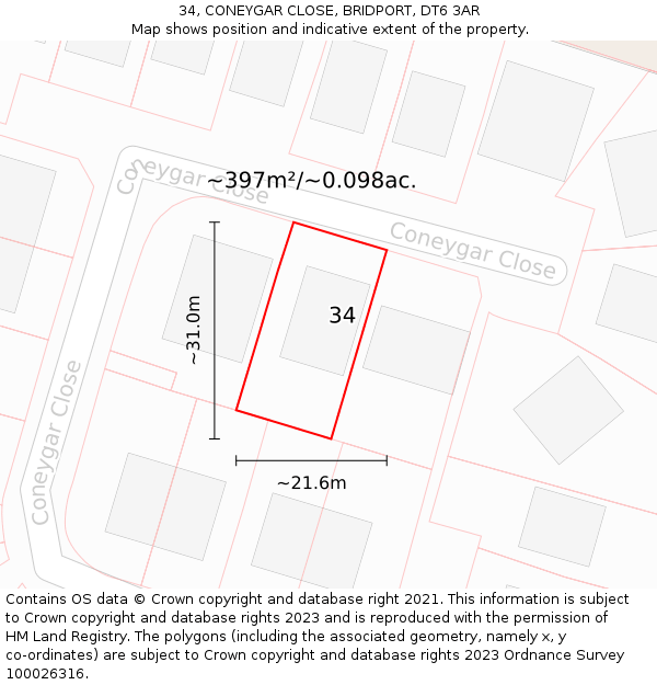 34, CONEYGAR CLOSE, BRIDPORT, DT6 3AR: Plot and title map