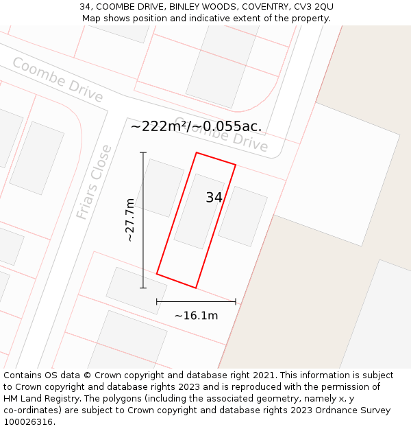 34, COOMBE DRIVE, BINLEY WOODS, COVENTRY, CV3 2QU: Plot and title map