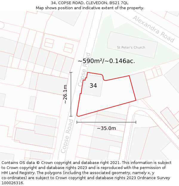 34, COPSE ROAD, CLEVEDON, BS21 7QL: Plot and title map