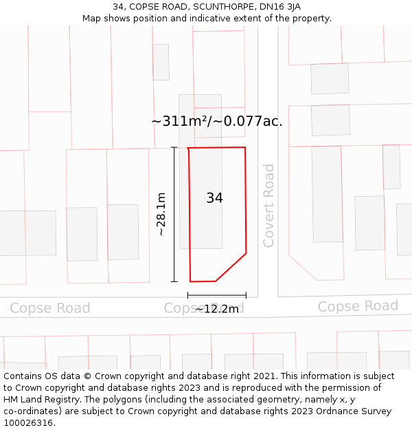 34, COPSE ROAD, SCUNTHORPE, DN16 3JA: Plot and title map