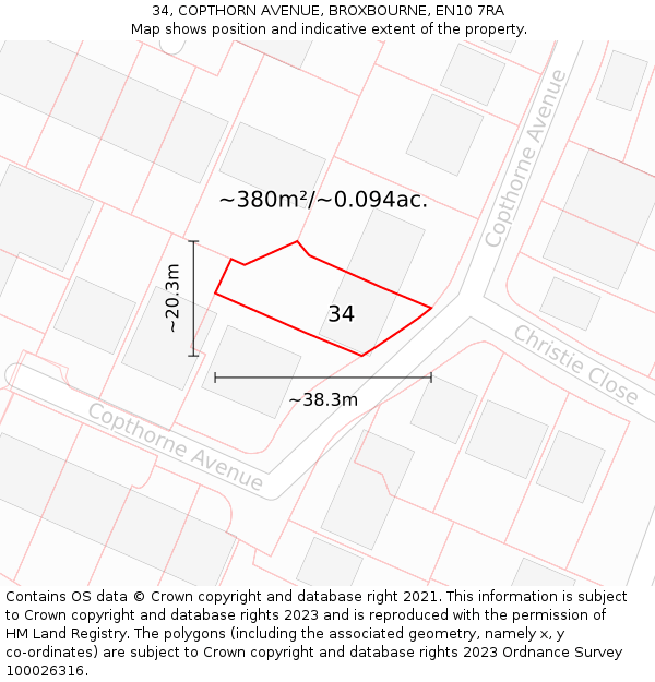 34, COPTHORN AVENUE, BROXBOURNE, EN10 7RA: Plot and title map