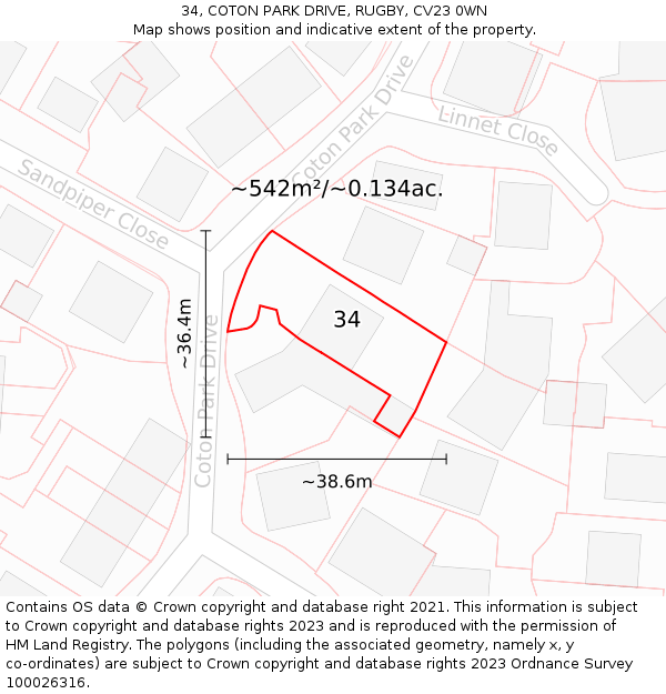 34, COTON PARK DRIVE, RUGBY, CV23 0WN: Plot and title map