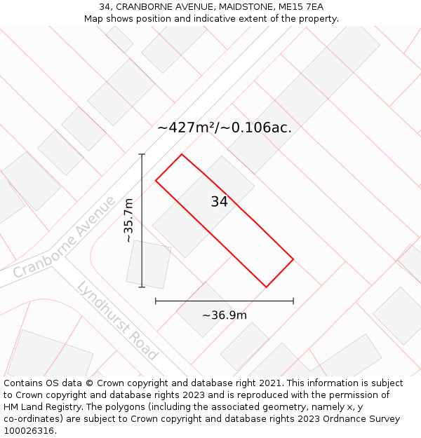 34, CRANBORNE AVENUE, MAIDSTONE, ME15 7EA: Plot and title map