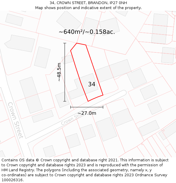 34, CROWN STREET, BRANDON, IP27 0NH: Plot and title map