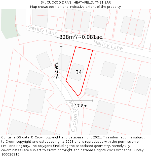 34, CUCKOO DRIVE, HEATHFIELD, TN21 8AR: Plot and title map