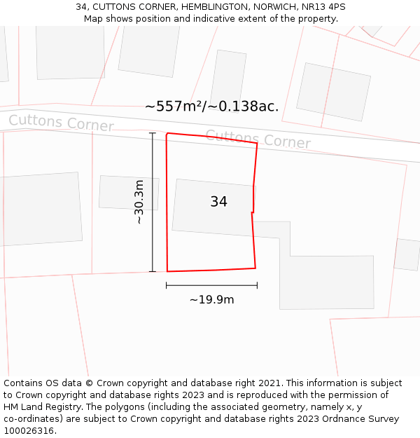 34, CUTTONS CORNER, HEMBLINGTON, NORWICH, NR13 4PS: Plot and title map