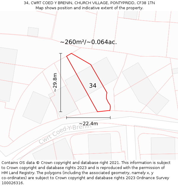 34, CWRT COED Y BRENIN, CHURCH VILLAGE, PONTYPRIDD, CF38 1TN: Plot and title map