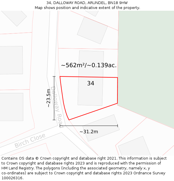 34, DALLOWAY ROAD, ARUNDEL, BN18 9HW: Plot and title map