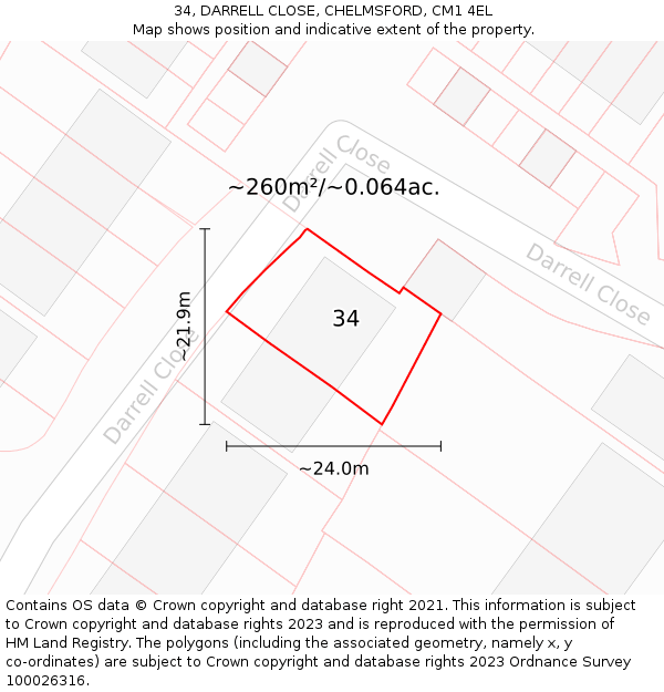 34, DARRELL CLOSE, CHELMSFORD, CM1 4EL: Plot and title map