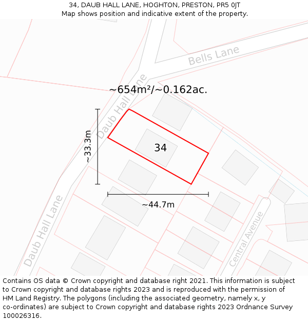 34, DAUB HALL LANE, HOGHTON, PRESTON, PR5 0JT: Plot and title map