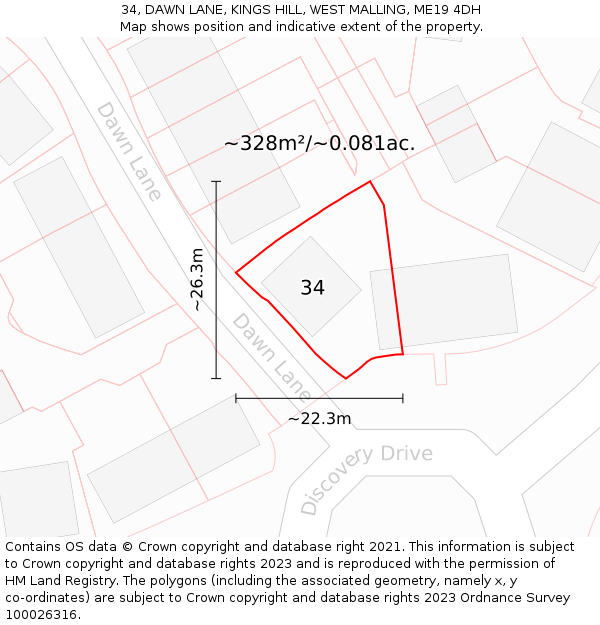 34, DAWN LANE, KINGS HILL, WEST MALLING, ME19 4DH: Plot and title map