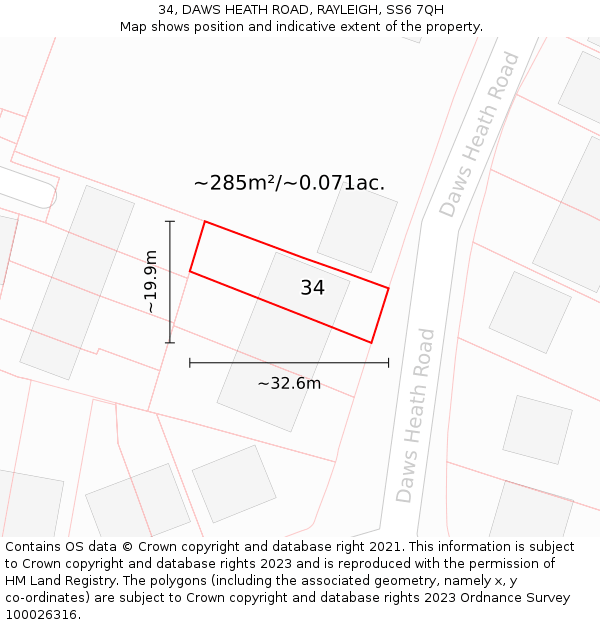 34, DAWS HEATH ROAD, RAYLEIGH, SS6 7QH: Plot and title map