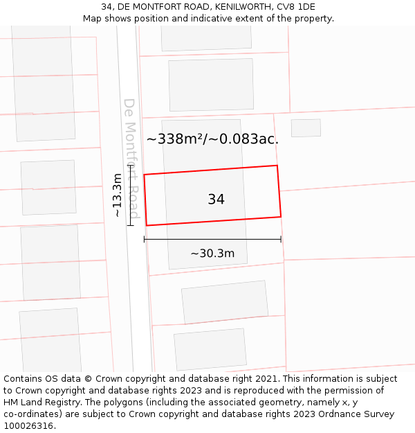 34, DE MONTFORT ROAD, KENILWORTH, CV8 1DE: Plot and title map