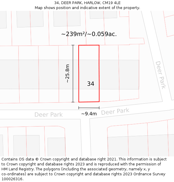 34, DEER PARK, HARLOW, CM19 4LE: Plot and title map