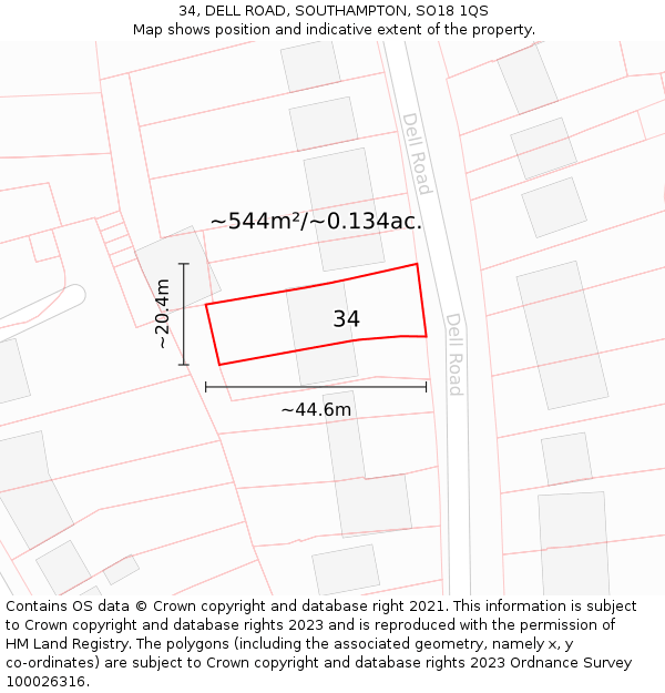 34, DELL ROAD, SOUTHAMPTON, SO18 1QS: Plot and title map
