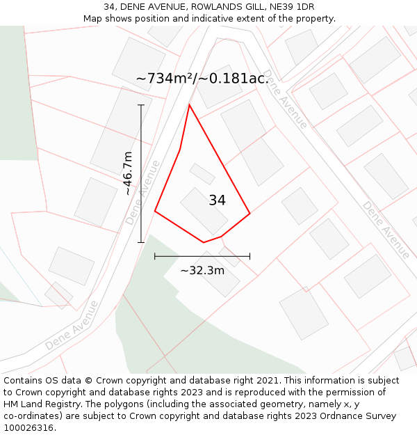 34, DENE AVENUE, ROWLANDS GILL, NE39 1DR: Plot and title map