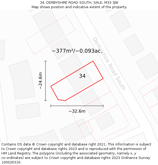 34, DERBYSHIRE ROAD SOUTH, SALE, M33 3JW: Plot and title map