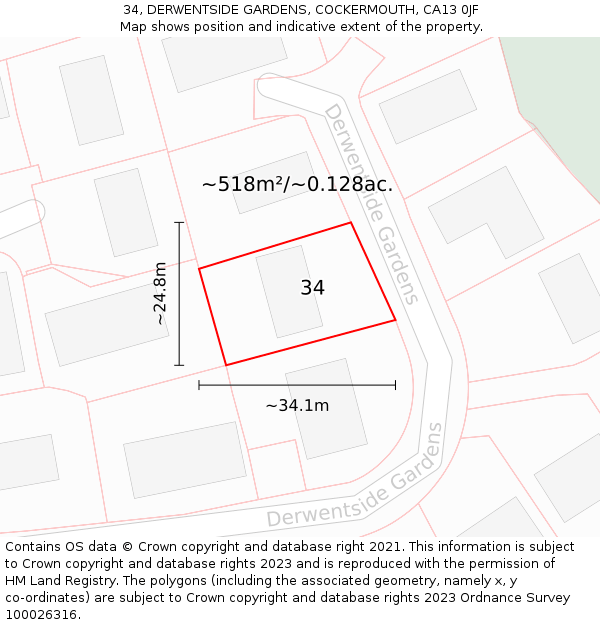 34, DERWENTSIDE GARDENS, COCKERMOUTH, CA13 0JF: Plot and title map