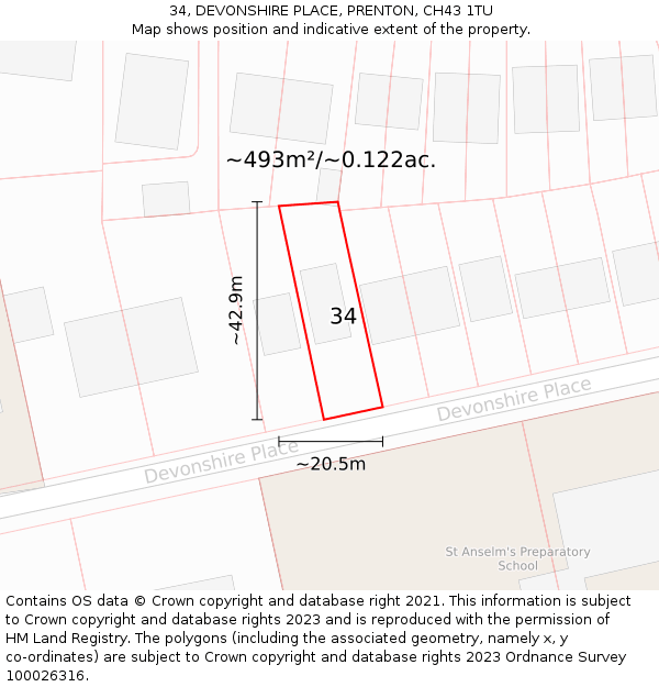 34, DEVONSHIRE PLACE, PRENTON, CH43 1TU: Plot and title map