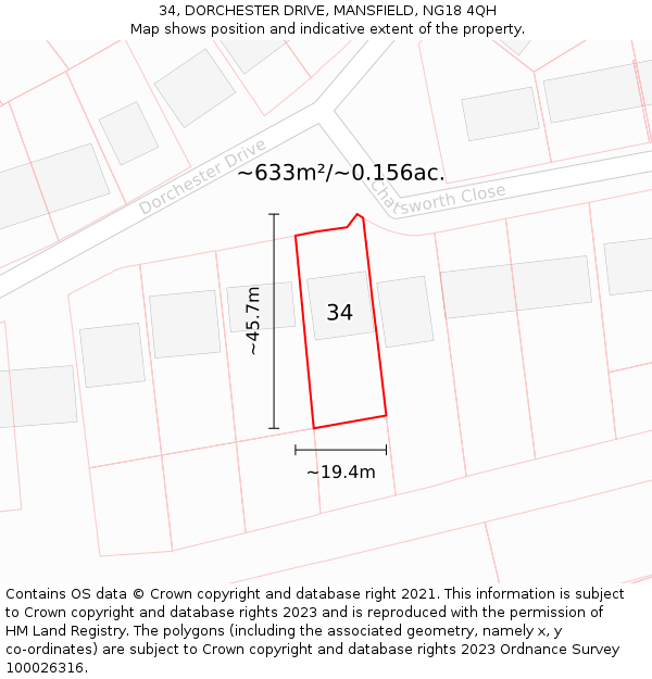 34, DORCHESTER DRIVE, MANSFIELD, NG18 4QH: Plot and title map