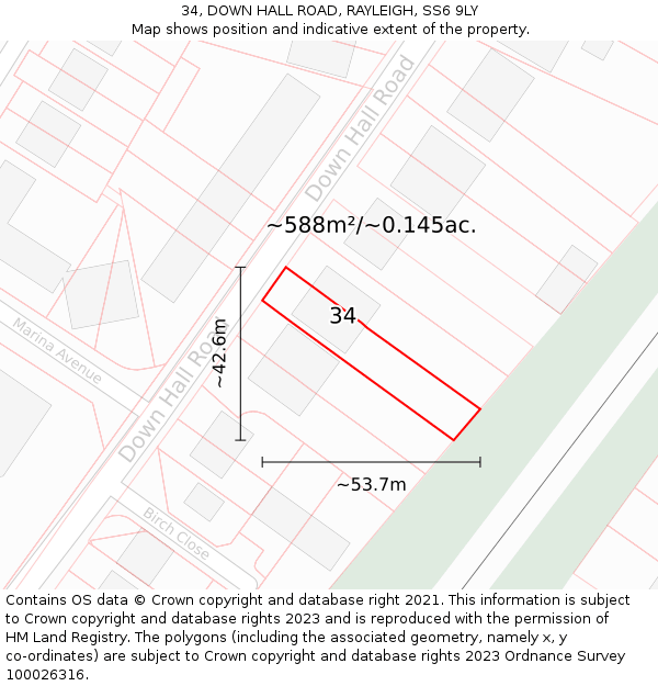 34, DOWN HALL ROAD, RAYLEIGH, SS6 9LY: Plot and title map
