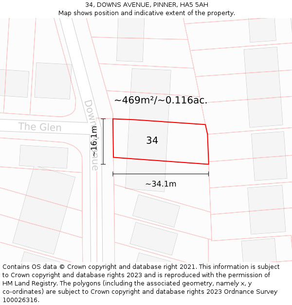 34, DOWNS AVENUE, PINNER, HA5 5AH: Plot and title map