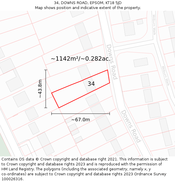 34, DOWNS ROAD, EPSOM, KT18 5JD: Plot and title map