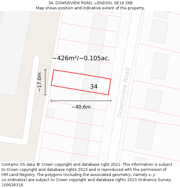 34, DOWNSVIEW ROAD, LONDON, SE19 3XB: Plot and title map