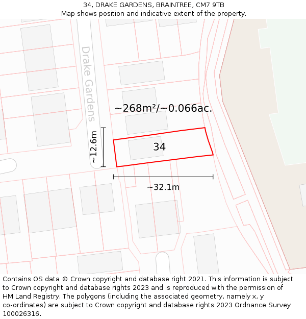 34, DRAKE GARDENS, BRAINTREE, CM7 9TB: Plot and title map