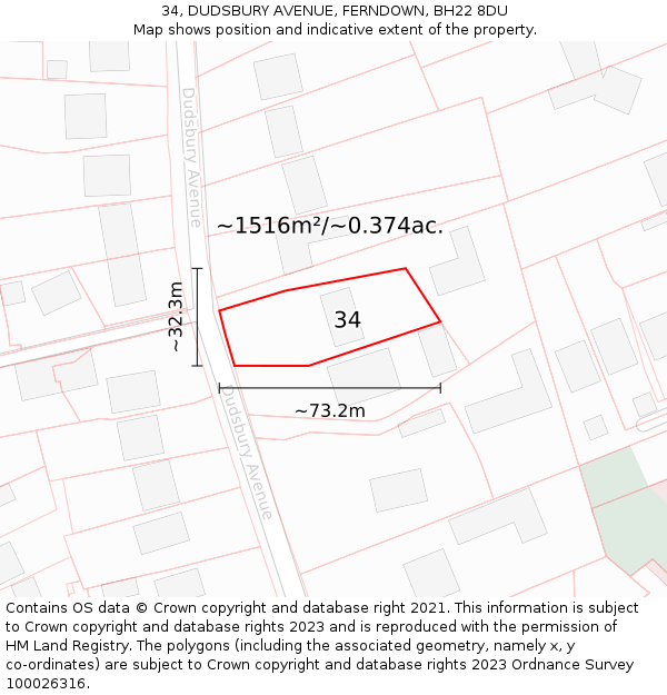 34, DUDSBURY AVENUE, FERNDOWN, BH22 8DU: Plot and title map