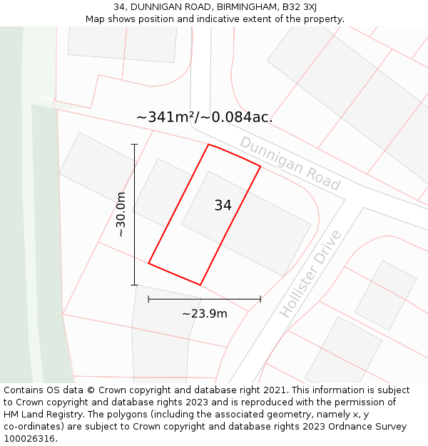 34, DUNNIGAN ROAD, BIRMINGHAM, B32 3XJ: Plot and title map