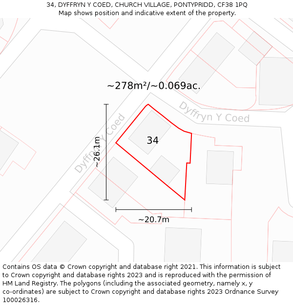 34, DYFFRYN Y COED, CHURCH VILLAGE, PONTYPRIDD, CF38 1PQ: Plot and title map