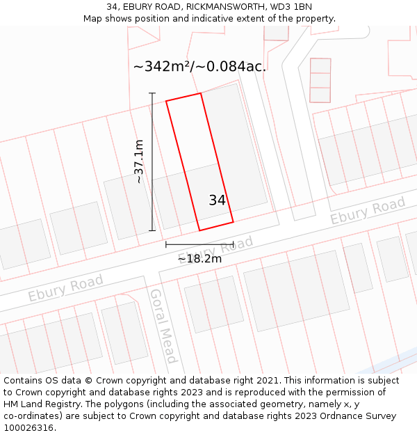 34, EBURY ROAD, RICKMANSWORTH, WD3 1BN: Plot and title map