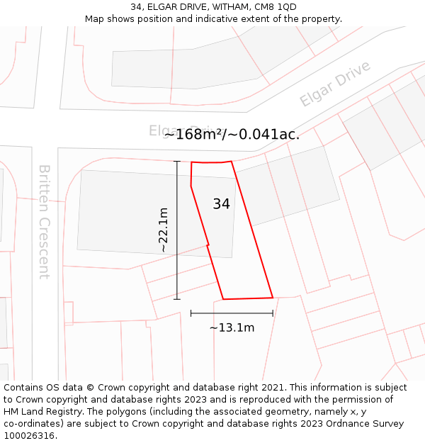 34, ELGAR DRIVE, WITHAM, CM8 1QD: Plot and title map