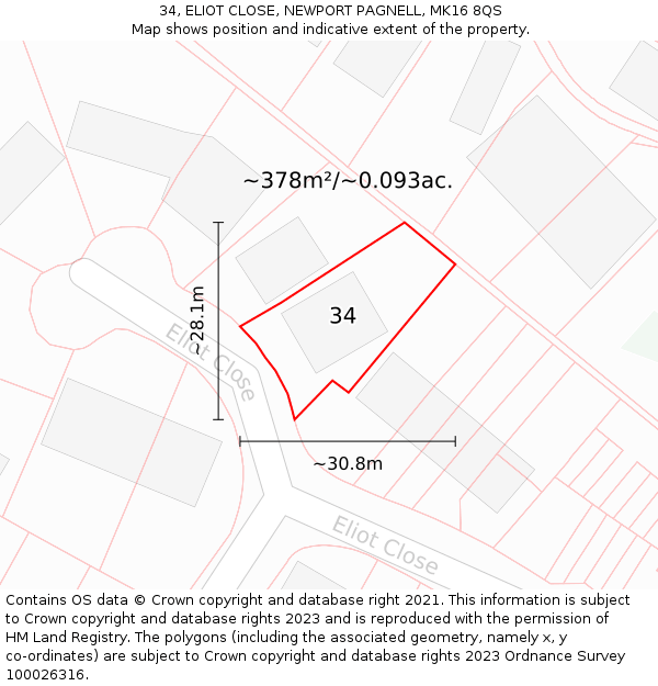 34, ELIOT CLOSE, NEWPORT PAGNELL, MK16 8QS: Plot and title map