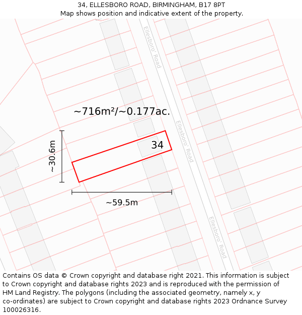 34, ELLESBORO ROAD, BIRMINGHAM, B17 8PT: Plot and title map