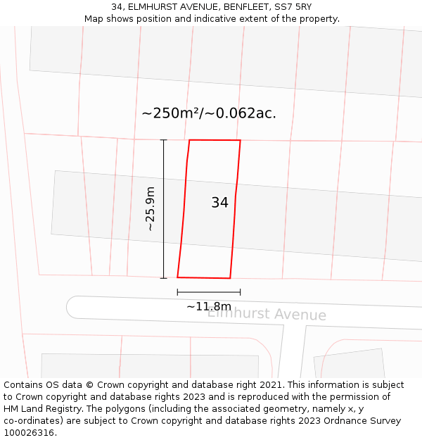 34, ELMHURST AVENUE, BENFLEET, SS7 5RY: Plot and title map