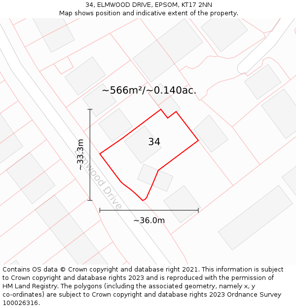 34, ELMWOOD DRIVE, EPSOM, KT17 2NN: Plot and title map