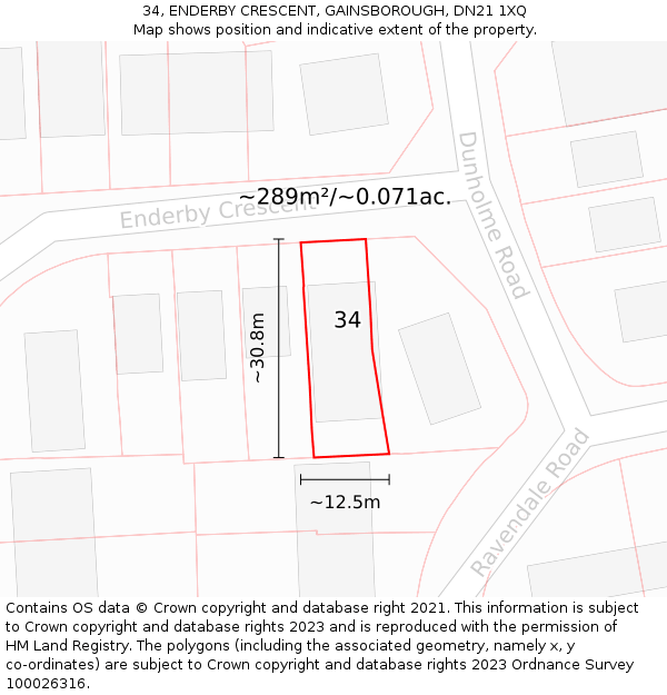 34, ENDERBY CRESCENT, GAINSBOROUGH, DN21 1XQ: Plot and title map