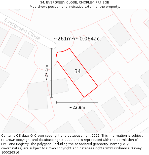 34, EVERGREEN CLOSE, CHORLEY, PR7 3QB: Plot and title map